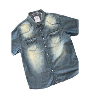 Thread & Cloth Denim Shirt XL Blue Short Sleeve Western Pearl Snap Pockets